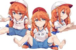 Rule 34 | 1girl, barefoot, baseball cap, blue shorts, blush, braid, breasts, hat, leaning forward, long hair, looking at viewer, multiple views, name tag, open mouth, orange hair, outstretched arms, pkpkpppk, princess connect!, purple eyes, shirt, short sleeves, shorts, sitting, small breasts, spread legs, stretching, thighs, twin braids, white shirt, yuni (princess connect!), yuni (school festival) (princess connect!)