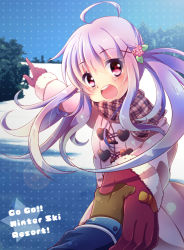 Rule 34 | 1girl, english text, gloves, jacket, open mouth, original, purple hair, red eyes, twintails, urara (sumairuclover)