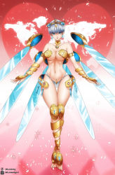 Rule 34 | 1girl, arm wrap, bikini, bikini bottom only, breasts, capelet, choker, cleopatra (majo taisen chronicle), earrings, floating, floating object, from below, hair ornament, highres, jewelry, large breasts, looking at viewer, majo taisen chronicle, navel, open mouth, short hair, smile, solo, strapless, swimsuit, thighhighs, tube top, underboob, upper body, white hair, yellow eyes
