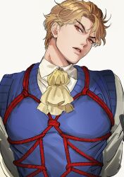 Rule 34 | 1boy, ascot, bdsm, blonde hair, bondage, bound, bustersiri, dio brando, glaring, highres, jojo no kimyou na bouken, looking at viewer, male focus, portrait, red eyes, red rope, rope, shibari, shibari over clothes, shirt, simple background, solo, sweater vest, white background, white shirt