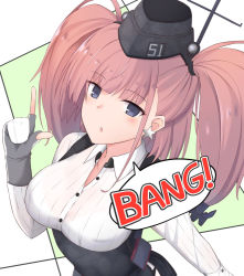 Rule 34 | 1girl, :o, akahi242, anchor hair ornament, atlanta (kancolle), black hat, blush, breasts, brown hair, dress shirt, earrings, garrison cap, gloves, grey eyes, hair ornament, hat, jewelry, kantai collection, large breasts, long hair, long sleeves, looking at viewer, partially fingerless gloves, pointing, pointing up, shirt, solo, star (symbol), star earrings, two side up, upper body, white gloves, white shirt