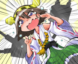 Rule 34 | 10s, 1girl, brown hair, detached sleeves, dutch angle, hair ornament, hairband, hiei (kancolle), kantai collection, nontraditional miko, purple eyes, shinapuu, short hair, simple background, solo, tears, turret, wavy mouth