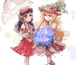 Rule 34 | 2girls, blue eyes, bow, brown eyes, brown headwear, brown vest, cabbie hat, detached sleeves, flat cap, flower, frilled hat, frills, hat, hat feather, holding, holding flower, holding umbrella, hydrangea, jacket girl (dipp), label girl (dipp), long hair, multiple girls, open mouth, owannu, purple hair, red skirt, simple background, skirt, touhou, umbrella, very long hair, vest, wavy hair, white bow, white vest