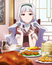 Rule 34 | 10s, 1girl, artist request, bamboo steamer, baozi, chopsticks, food, hairband, heart, idolmaster, idolmaster (classic), idolmaster million live!, long hair, looking at viewer, official art, pink eyes, rice, shijou takane, silver hair, smile, solo, soup, wavy hair