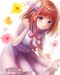 Rule 34 | bent over, blue eyes, blunt bangs, blush, bow, breasts, butterfly hair ornament, dress, flower, frilled dress, frills, go-toubun no hanayome, hair ornament, highres, large breasts, looking at viewer, nakano nino, nekko (nxtuko), pink hair, purple dress, purple ribbon, raised eyebrows, red bow, ribbon, short sleeves, simple background, smile, twintails, white background