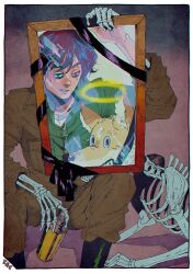 Rule 34 | 1boy, black hair, blood, blood on face, boots, dog, halo, holding, jumpsuit, kaneoya sachiko, looking at another, looking down, male focus, original, picture frame, purple background, ribbon, skeleton, smile, spray can, yoiko yokochou