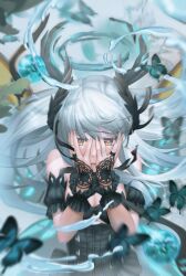 Rule 34 | 1girl, absurdres, black dress, blue butterfly, blush, breasts, bug, butterfly, cleavage, commentary request, dress, feather hair ornament, feathers, for-miku, grey hair, hair ornament, hands on own face, heart, heart-shaped pupils, highres, insect, jewelry, large breasts, liv: empyrea (dreamcatcher) (punishing: gray raven), liv: empyrea (punishing: gray raven), liv (punishing: gray raven), long hair, open mouth, punishing: gray raven, ring, solo, symbol-shaped pupils, wedding ring, wing hair ornament