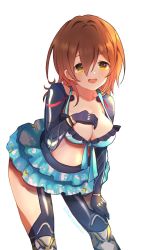 Rule 34 | 1girl, alternate costume, bad id, bad twitter id, bikini, blue bikini, breasts, brown hair, cleavage, clothing cutout, collarbone, frilled bikini, frills, hair between eyes, hand on breast, hand on thigh, highres, hololive, large breasts, mechanical arms, mechanical legs, mechanical parts, medium hair, open mouth, roboco-san, roboco-san (hololive summer 2019), smile, solo, swimsuit, tagme, thigh cutout, tongue, umika35, virtual youtuber, white background, yellow eyes