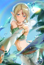 Rule 34 | 1boy, arabian clothes, arm behind back, armlet, bandeau, bare shoulders, blonde hair, blue eyes, blue sky, blurry, blush, circlet, closed mouth, collarbone, crossdressing, day, depth of field, detached sleeves, gem, gerudo set (zelda), glint, green pants, halterneck, harem pants, hmniao, jewelry, link, looking at viewer, male focus, midriff, navel, nintendo, official alternate costume, outdoors, outstretched arm, palm tree, pants, parted bangs, pointy ears, rainbow, sidelocks, sky, smile, solo, standing, stomach, sun, sunlight, the legend of zelda, the legend of zelda: breath of the wild, trap, tree, veil, water drop