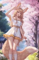 Rule 34 | 1girl, :d, ahoge, animal ear piercing, animal ears, arm up, bag, braid, brown eyes, brown hair, cherry blossoms, commentary, dress, english commentary, feet out of frame, fox ears, fox girl, fox tail, handbag, highres, holding, holding bag, khiara (personal ami), large tail, long hair, looking at viewer, off-shoulder dress, off shoulder, open mouth, original, outdoors, personal ami, side braids, signature, smile, socks, solo, tail, teeth, upper teeth only, very long hair, white dress, white socks