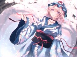 Rule 34 | 1girl, blue hat, blue kimono, cherry blossoms, collarbone, commentary request, hat, highres, japanese clothes, kimono, long sleeves, looking at viewer, mob cap, open mouth, outdoors, pink eyes, pink hair, saigyouji yuyuko, sash, shiranui (wasuresateraito), short hair, solo, touhou, triangular headpiece, wide sleeves