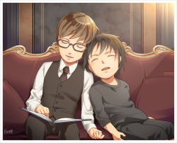 Rule 34 | 10s, 2boys, black hair, book, brown hair, child, couch, drooling, final fantasy, final fantasy xv, glasses, head on another&#039;s shoulder, hinoe (dd works), ignis scientia, male focus, multiple boys, noctis lucis caelum, short hair, signature, sitting, sleeping, vest, waistcoat, aged down