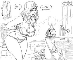 Rule 34 | 1girl, 1other, awkward, bare shoulders, bathtub, bb (baalbuddy), bra, breasts, candle, cleavage, commentary, curtains, english commentary, english text, facial mark, faucet, forehead mark, greyscale, highres, large breasts, laundry basket, lipstick, makeup, monochrome, navel, necromancer, necromancer (bb (baalbuddy)), open mouth, original, panties, removing bra, simple background, skull, sweat, nervous sweating, underwear, underwear only, undressing, white background