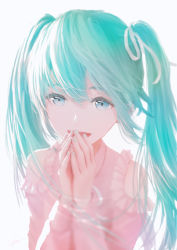 Rule 34 | 1girl, aqua background, aqua hair, aqua nails, backlighting, bare shoulders, blue eyes, blurry, blurry foreground, collared shirt, depth of field, eyelashes, facing viewer, fingernails, fingers together, floating hair, frilled shirt, frills, hair between eyes, hair ribbon, hands up, hatsune miku, highres, light smile, long hair, long sleeves, looking afar, nail polish, off-shoulder shirt, off shoulder, ojay tkym, open mouth, own hands together, pink shirt, ribbon, shirt, sidelocks, signature, simple background, solo, straight hair, tareme, twintails, upper body, vocaloid, white ribbon