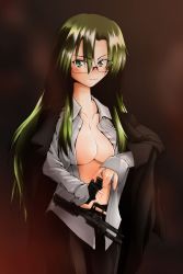 Rule 34 | 00s, 1girl, asatana, asougi rin, blouse, blush, breasts, cleavage, glasses, green eyes, green hair, gun, handgun, highres, jacket, jacket on shoulders, large breasts, long hair, magazine (weapon), mature female, mnemosyne, no bra, office lady, open clothes, open shirt, pants, pistol, reloading, shirt, solo, weapon