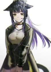 Rule 34 | 1girl, :|, aiv, animal ears, arknights, black choker, black hair, black jacket, black skirt, cat ears, cat girl, cat tail, choker, closed mouth, colored inner hair, floating hair, headset, high-waist skirt, highres, jacket, jessica (arknights), long bangs, long hair, long sleeves, looking at viewer, microphone, miniskirt, multicolored hair, open clothes, open jacket, own hands together, purple hair, shirt, shirt tucked in, sidelocks, simple background, skirt, solo, straight-on, tail, white background, white shirt, yellow eyes