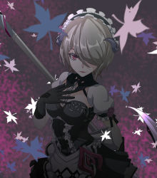 Rule 34 | 1girl, apron, black gloves, breasts, cleavage, fibonacci no usagi, gloves, grey hair, hair over one eye, hand on own chest, highres, holding, holding weapon, honkai (series), honkai impact 3rd, leaf, lipstick, looking at viewer, maid, maid apron, maid headdress, makeup, maple leaf, medium breasts, mole, mole under eye, purple eyes, rita rossweisse, rita rossweisse (umbral rose), scythe, short hair, short sleeves, solo, weapon