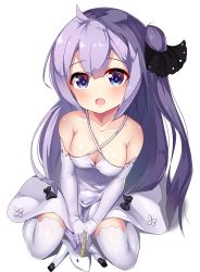 Rule 34 | 1girl, 2drr, :o, ahoge, azur lane, bare shoulders, black bow, black ribbon, blush, bow, breasts, cleavage, collarbone, commentary request, criss-cross halter, dress, elbow gloves, gloves, hair between eyes, hair bun, hair ribbon, halterneck, long hair, medium breasts, one side up, open mouth, purple eyes, purple hair, ribbon, side bun, simple background, single hair bun, single side bun, sitting, solo, stuffed animal, stuffed toy, stuffed unicorn, teeth, unicorn (azur lane), upper teeth only, v arms, very long hair, wariza, white background, white dress, white gloves
