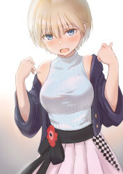 Rule 34 | 1girl, alternate costume, bare shoulders, blonde hair, blue eyes, blue sweater, brave witches, breasts, dutch angle, gradient background, hair between eyes, highres, jacket, large breasts, looking at viewer, lowlegist, nikka edvardine katajainen, open mouth, ribbed sweater, skirt, sleeveless, sleeveless sweater, solo, sweater, turtleneck, turtleneck sweater, world witches series