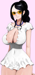 Rule 34 | 1girl, black hair, breasts, cleavage, cleavage cutout, clothing cutout, collarbone, commentary request, covered navel, dress, gluteal fold, large breasts, light smile, looking at viewer, nico robin, one piece, parted lips, partial commentary, pink background, ponytail, senju (snz0), short sleeves, sidelocks, simple background, solo, swept bangs, thick thighs, thighs, tinted eyewear, white dress
