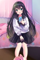 Rule 34 | 1girl, :d, bad id, bad pixiv id, barefoot, bed, black hair, black sailor collar, black skirt, blush, cellphone, commentary request, curtains, fang, green eyes, hair between eyes, highres, holding, holding phone, indoors, leaning to the side, long hair, long sleeves, minami saki, on bed, open mouth, original, phone, pleated skirt, sailor collar, school uniform, serafuku, shirt, sitting, skirt, smile, soles, solo, stuffed animal, stuffed toy, very long hair, white shirt