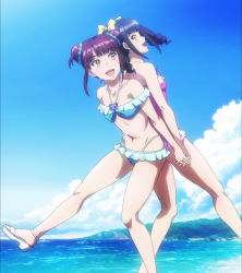 Rule 34 | 10s, 2girls, anime screenshot, back-to-back, beach, bikini, black hair, breasts, brown hair, double bun, hair bun, highres, holding hands, kandagawa jet girls, multiple girls, navel, one-piece swimsuit, outdoors, pan dina, pan ziyu, screencap, siblings, sisters, small breasts, stitched, swimsuit, thighs, third-party edit, twins, twintails, yellow eyes
