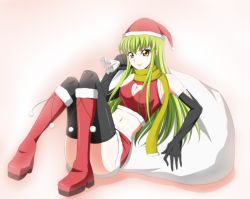 Rule 34 | 1girl, bad id, bad pixiv id, bag, black gloves, black thighhighs, boots, breasts, c.c., ccllsaikou, christmas, cleavage, cleavage cutout, clothing cutout, code geass, elbow gloves, female focus, full body, gloves, green hair, green scarf, hat, heart, heart cutout, knee boots, long hair, medium breasts, midriff, miniskirt, pink background, red footwear, red skirt, santa boots, santa costume, santa hat, scarf, simple background, sitting, skirt, solo, thighhighs, yellow eyes