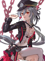 Rule 34 | 1girl, artist name, asymmetrical legwear, black hat, black jacket, black sleeves, breasts, candy, chain, cleavage, crossed legs, food, fu hua, fu hua (herrscher of sentience), fu hua (turn up the music!) (herrscher of sentience), grey hair, hair between eyes, hat, highres, holding, holding candy, holding food, honkai (series), honkai impact 3rd, jacket, long hair, long sleeves, low ponytail, mmhy hk, multicolored hair, official alternate costume, open clothes, open jacket, red eyes, simple background, single bare shoulder, small breasts, solo, streaked hair, thigh strap, thighhighs, tongue, tongue out, twitter username, upper body, very long hair, white background, white thighhighs, yellow pupils