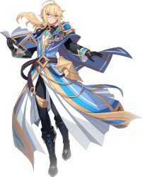 Rule 34 | 1boy, absurdres, ahoge, armor, belt, belt buckle, black footwear, black gloves, black pants, black sleeves, blonde hair, blue cape, blue coat, blue eyes, blue gemstone, book, boots, brown belt, buckle, cape, chain, coat, cross-laced footwear, elf, eyewear strap, faulds, front slit, full body, gem, glasses, gloves, gold trim, grand chase, hair between eyes, highres, holding, holding book, kassias grandiel, lace-up boots, light smile, long hair, long sleeves, looking at viewer, low ponytail, male focus, official art, open book, pants, pointy ears, robe, shoulder armor, shrug (clothing), solo, standing, standing on one leg, tassel, third-party source, transparent background, white robe