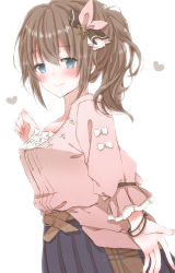 Rule 34 | 1girl, blouse, blue eyes, blush, breasts, brown hair, commentary request, frilled cuffs, hair ornament, highres, hiro (hirohiro31), hololive, long hair, looking at viewer, official alternate costume, pink shirt, ponytail, shirt, simple background, smile, solo, star (symbol), tokino sora, tokino sora (casual), virtual youtuber, white background