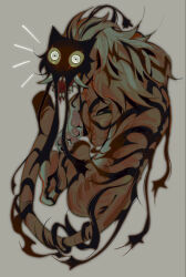 Rule 34 | animal focus, colored sclera, commentary, dream tiger (govy9807), english commentary, full body, glowing, glowing eyes, grey background, highres, looking at viewer, looking back, monster, no humans, notice lines, open mouth, original, pawpads, pinkiepig, procreate (medium), sharp teeth, simple background, solo, tail, teeth, tiger, tusks, white eyes, yellow sclera