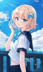 Rule 34 | 1girl, absurdres, blonde hair, blue bow, blue eyes, blue sailor collar, blue skirt, blue sky, blurry, blurry background, bottle, bow, cloud, cloudy sky, cup, day, from side, highres, holding, holding cup, light blush, looking at viewer, midriff, midriff peek, ocean, original, parted lips, pleated skirt, sailor, sailor collar, sailor shirt, school uniform, serafuku, shirt, short hair, skirt, sky, smile, solo, standing, sun, sunlight, upper body, water bottle, white shirt, wooni (wooni 0818)