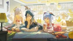 Rule 34 | 3girls, absurdres, ahoge, alternate costume, arm support, bare shoulders, blue hair, breasts, bubble tea, closed mouth, cloud retainer (genshin impact), crossed legs, drinking, drinking straw, ganyu (genshin impact), genshin impact, glasses, goat horns, green hair, grey hair, hair between eyes, hair over one eye, highres, horns, indoors, large breasts, long hair, long sleeves, looking down, lying, multiple girls, official art, on stomach, parted lips, rafaelaaa, red-framed eyewear, shenhe (genshin impact), sleeveless, smile, xianyun (genshin impact)