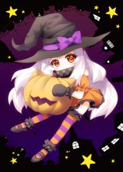 Rule 34 | 10s, 1girl, abyssal ship, alternate costume, bad id, bad pixiv id, bow, detached sleeves, halloween, hat, hat bow, hugging object, jack-o&#039;-lantern, kantai collection, kinosaki yuki, leaning forward, long hair, looking at viewer, mary janes, mittens, northern ocean princess, orange eyes, pale skin, pumpkin, shoes, solo, star (symbol), striped clothes, striped thighhighs, thighhighs, white hair, witch hat