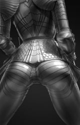 Rule 34 | 1girl, absurdres, armor, ass, ass focus, bad id, bad twitter id, feet out of frame, from behind, full armor, greyscale, head out of frame, highres, impossible armor, monochrome, plate armor, scabbard, sheath, simple background, solo, sword, wass nonnam, weapon