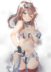 Rule 34 | 10s, 1girl, ;o, anchor, bad id, bad twitter id, bare shoulders, black gloves, blue eyes, blush, breasts, brown hair, covering privates, covering breasts, cowboy shot, ebifurya, fingerless gloves, gloves, hair between eyes, hair ornament, highres, inactive account, kantai collection, large breasts, long hair, looking at viewer, midriff, navel, one eye closed, one side up, open mouth, panties, red thighhighs, saratoga (kancolle), saratoga mk ii (kancolle), simple background, single glove, single sidelock, solo, thick thighs, thighhighs, thighs, torn clothes, underwear, white background, white panties