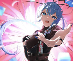 Rule 34 | 1girl, belt, black belt, black shirt, blue eyes, blue hair, blue nails, botan0912, floating hair, floral print, gloves, high ponytail, highres, hololive, hoshimachi suisei, hoshimachi suisei (shout in crisis), jewelry, long hair, looking at viewer, open hand, open mouth, outstretched arm, reaching, reaching towards viewer, ring, rose print, shirt, single glove, solo, teeth, turtleneck, upper body, upper teeth only, virtual youtuber