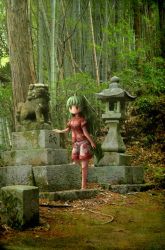 Rule 34 | 1girl, arinu, bamboo, bamboo forest, commentary request, curly hair, forest, green eyes, green hair, heart, horns, kariyushi shirt, komainu, komano aunn, long hair, looking at viewer, moss, nature, outdoors, pedestal, photo background, pointy ears, short sleeves, shorts, single horn, smile, solo, stone lantern, tail, touhou, translation request, tree