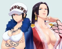 Rule 34 | 2girls, arm tattoo, black hair, blue eyes, boa hancock, breast tattoo, breasts, cape, cleavage, closed mouth, commentary request, covered erect nipples, crop top, crossed arms, earrings, epaulettes, eyelashes, frown, fur cape, fur hat, genderswap, genderswap (mtf), grey eyes, hand on own chin, hand tattoo, hat, highres, jewelry, large breasts, lips, long hair, long sleeves, looking at viewer, multiple girls, one piece, parted lips, pink lips, pink nails, shinto s, short hair, simple background, snake earrings, tank top, tattoo, teeth, trafalgar law, twitter username, upper body, white cape, white tank top