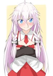 Rule 34 | 1girl, ahoge, bare shoulders, black sleeves, blue eyes, blush, braid, cleavage cutout, clothing cutout, commentary, cosplay, covering privates, covering chest, cowboy shot, detached sleeves, embarrassed, highres, ia (vocaloid), light frown, long hair, looking at viewer, necktie, pink hair, red necktie, red skirt, sena kizahashi, shirt, short necktie, skirt, sleeveless, sleeveless shirt, solo, trembling, tsurumaki maki, tsurumaki maki (cosplay), twin braids, v-shaped eyebrows, very long hair, vocaloid, voiceroid, white shirt