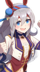 Rule 34 | animal ears, blue eyes, blue hairband, blush, breasts, choker, clenched hands, commentary request, cropped jacket, ear covers, fang, grey hair, hair between eyes, hair ornament, hairband, headband, highres, horse ears, horse girl, jacket, jewelry, long hair, midriff, navel, nonono (1399900), open mouth, pendant, purple choker, purple wristband, red headband, simple background, small breasts, starting future (umamusume), tamamo cross (umamusume), umamusume, upper body, v-shaped eyebrows, very long hair, white background, white jacket