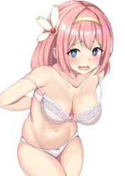 Rule 34 | 1girl, bare shoulders, blue eyes, blush, bra, breasts, cleavage, collarbone, dressing, frown, groin, hair between eyes, hair ornament, hairband, highres, large breasts, looking at viewer, nanao (naoekaki25), navel, open mouth, panties, pink hair, princess connect!, short hair, simple background, solo, stomach, thighs, underwear, wavy mouth, white background, white bra, white panties, yui (princess connect!)