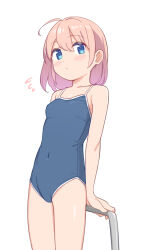 Rule 34 | 1girl, bare arms, bare legs, bare shoulders, blue eyes, blue one-piece swimsuit, blush, breasts, collarbone, covered navel, flying sweatdrops, hair between eyes, highres, medium hair, new school swimsuit, one-piece swimsuit, original, pink hair, saiste, school swimsuit, simple background, small breasts, solo, swimsuit, white background
