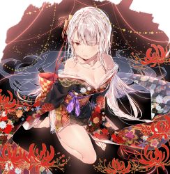 Rule 34 | 1girl, bad id, bad pixiv id, breasts, chrysanthemum print, cleavage, dsmile, eyes visible through hair, floral print, flower, hair flower, hair ornament, hair over one eye, japanese clothes, kimono, lace, lace-trimmed kimono, lace trim, long hair, off shoulder, original, peony print, red eyes, short kimono, side slit, silver hair, sitting, solo, spider lily, very long hair, very long sleeves