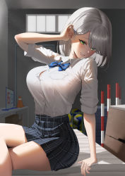 Rule 34 | 1girl, adjusting hair, bare legs, bow, bowtie, braid, breasts, button gap, collared shirt, crossed legs, dress shirt, french braid, green eyes, grey hair, grin, highres, hololive, large breasts, light blush, looking at viewer, medium hair, miniskirt, plaid, plaid skirt, ri qing, school uniform, shirogane noel, shirogane noel (school uniform), shirt, shirt tucked in, sitting, skirt, sleeves rolled up, smile, solo, striped bow, striped bowtie, striped clothes, swept bangs, virtual youtuber, white shirt, wing collar