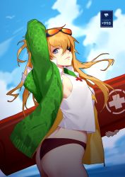 Rule 34 | 1girl, arm up, ass, bikini, bikini bottom only, blue eyes, blue sky, blurry, blurry background, closed mouth, cloud, day, eyepatch, eyewear on head, green jacket, highres, holding, jacket, league of legends, long hair, looking at viewer, neon genesis evangelion, open clothes, open jacket, orange hair, profile, rekaerb maerd, rescue board, sky, solo, souryuu asuka langley, standing, sunglasses, swimsuit, water, whistle