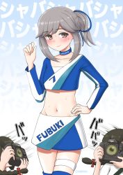 Rule 34 | 2girls, afterimage, blue choker, brown eyes, camera, character name, choker, collarbone, commentary request, cowboy shot, crop top, cypress, grey hair, groin, hand on own hip, isonami (kancolle), kantai collection, long hair, long sleeves, looking at viewer, midriff, miniskirt, multiple girls, official alternate costume, ponytail, race queen, skirt, solo focus, standing, usugumo (kancolle)