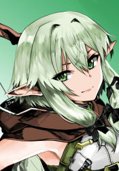 Rule 34 | 10s, 1girl, armpits, bow, bow (weapon), cloak, crossbow, elf, fitz (fita is the smartest), goblin slayer!, green background, green eyes, green hair, hair bow, half-closed eyes, high elf archer (goblin slayer!), highres, hood, hooded cloak, looking at viewer, pointy ears, simple background, sleeveless, smile, solo, upper body, weapon