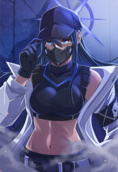 Rule 34 | 1girl, adjusting clothes, adjusting headwear, armband, bare shoulders, baseball cap, black shirt, blue archive, blue eyes, blue hair, blue hat, coat, commentary request, crop top, hat, long hair, long sleeves, looking at viewer, mask, midriff, mouth mask, navel, nikulas cage, off shoulder, open clothes, open coat, saori (blue archive), shirt, sleeveless, sleeveless shirt, solo, stomach, upper body, white coat
