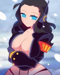 Rule 34 | 1girl, alternate costume, antenna, black hair, blue eyes, breasts, cleavage, curvy, flipherrrr, gloves, highres, jacket, large breasts, looking at viewer, midriff, nico robin, one piece, panties, revealing clothes, smile, solo, underwear, wide hips